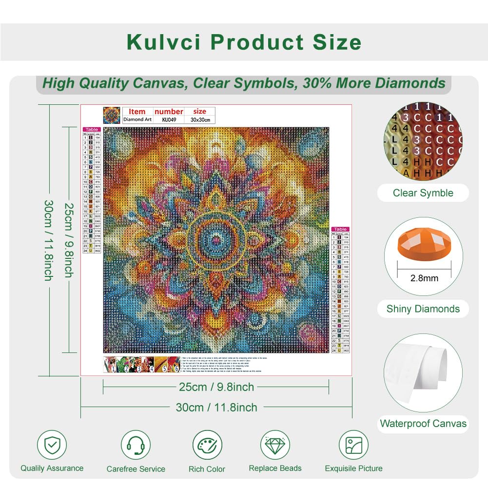 Kulvci Mandala Diamond Painting Kits for Adults, Round Full Drill Diamond Art Kits, 5D DIY Diamonds Crafts for Home Wall Decoration Gifts 12×12Inch Kulvci