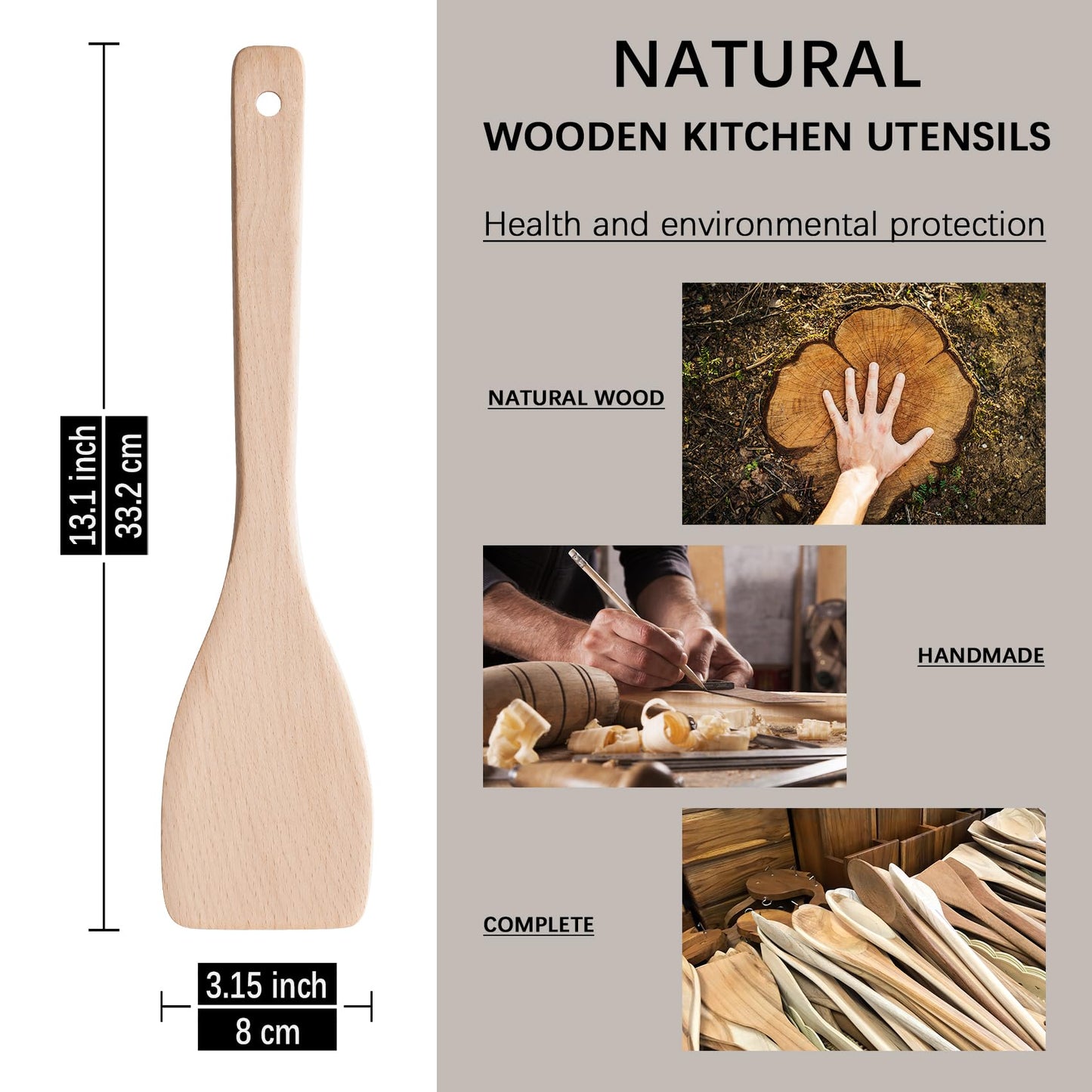 Hefild 2PCS Wooden Spatulas for Cooking, 13inch Uncoated Beech Wood Turners for Frying, Non-Scratch Wood Flat Spurtle for Pan & Wok, Wooden Cooking Utensils for Non Stick Cookware, Long Handle Scraper