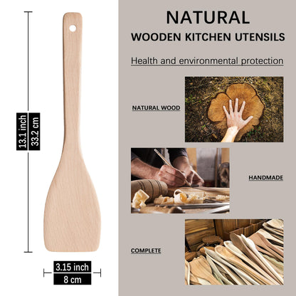 Hefild 2PCS Wooden Spatulas for Cooking, 13inch Uncoated Beech Wood Turners for Frying, Non-Scratch Wood Flat Spurtle for Pan & Wok, Wooden Cooking Utensils for Non Stick Cookware, Long Handle Scraper