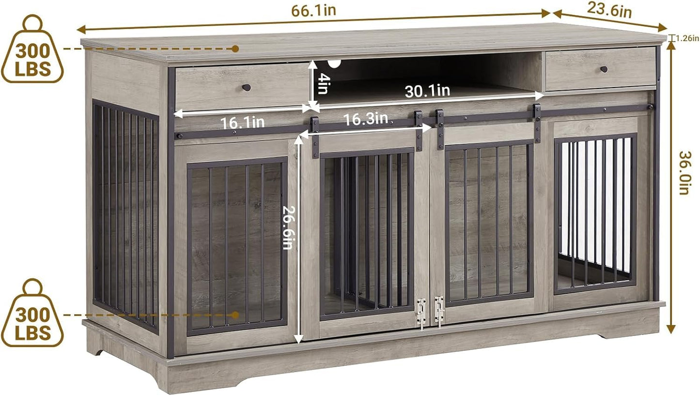 Rovibek 66'' Double Dog Crate Furniture for 2 Dogs, Double Dog Kennel Furniture, Heavy Duty Dog Crate, Furniture Style Dog Crate End Table, Wood Crates for Dogs Kennel Indoor - WoodArtSupply