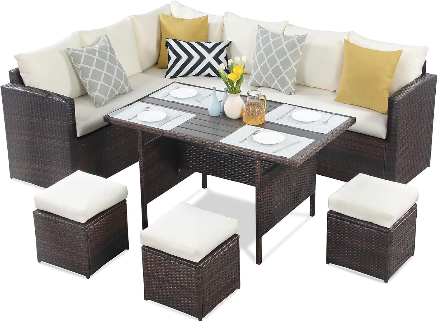 Wisteria Lane Patio Furniture Set, 7 Piece Outdoor Dining Sectional Sofa with Dining Table and Chair, All Weather Wicker Conversation Set with Ottoman, Brown - WoodArtSupply