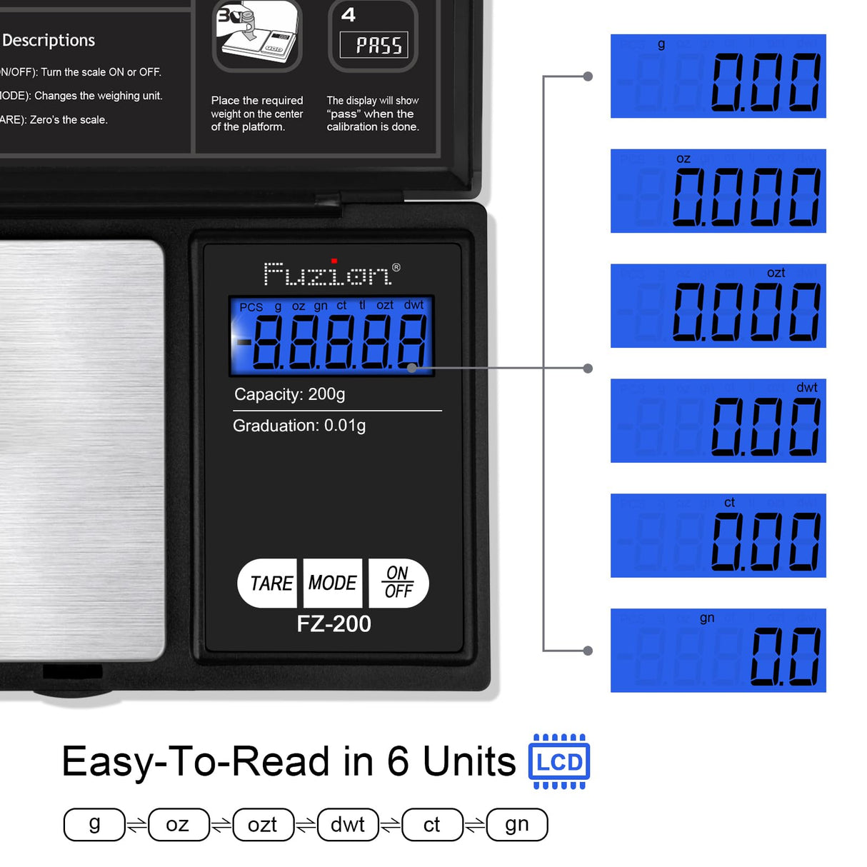 Fuzion Digital Pocket Scale, 200g/0.01g Gram Scale, Mini Scale Grams, Small Digital Scale, Small Food Scale, Jewelry Scale, Precision Scale with Tare, LCD Fuzion