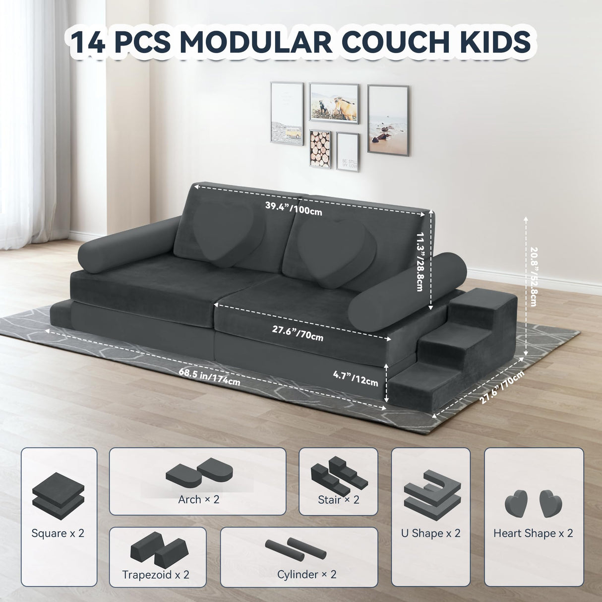 Modular Play Couch for Kids Toddler - 14PCS Kids Sofa to Boost Creativity, Boys and Girls DIY Creativing Playroom Couch for Playroom Bedroom Nursery CoziBB