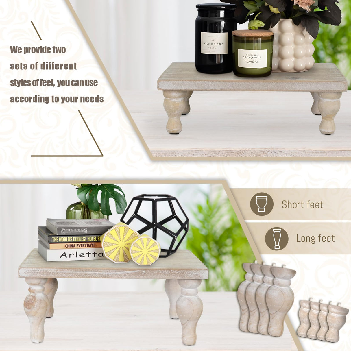 MAONAME Decorative Wooden Display Riser, Farmhouse Wood Pedestal Stand for Display, Rustic Washed White Tray Riser for Kitchen, Home Table Decor, Short and Tall Footed MAONAME