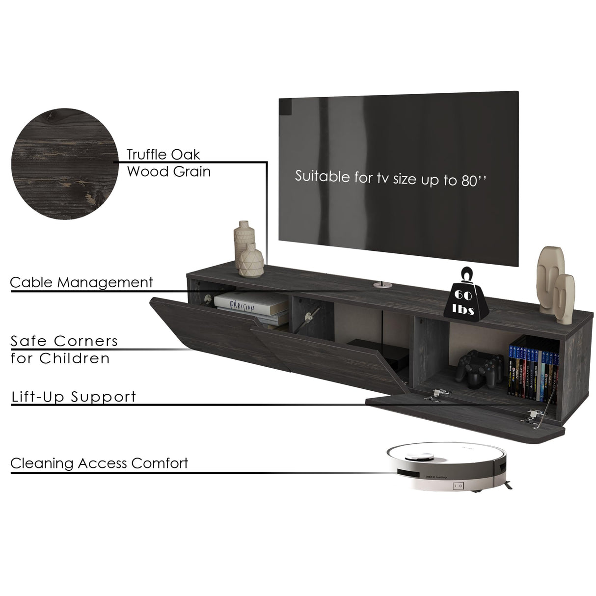 Atelier Mobili Floating Wall TV Stand, Floating Entertainment Center, Modern Floating Media Console, Floating TV Stand 65 inch for up to 80 inch TV and TV Stand Floating, Onesize, Black ATELIER MOBILI THE LEADER OF THE INTERCHANGEABLE FURNITURE