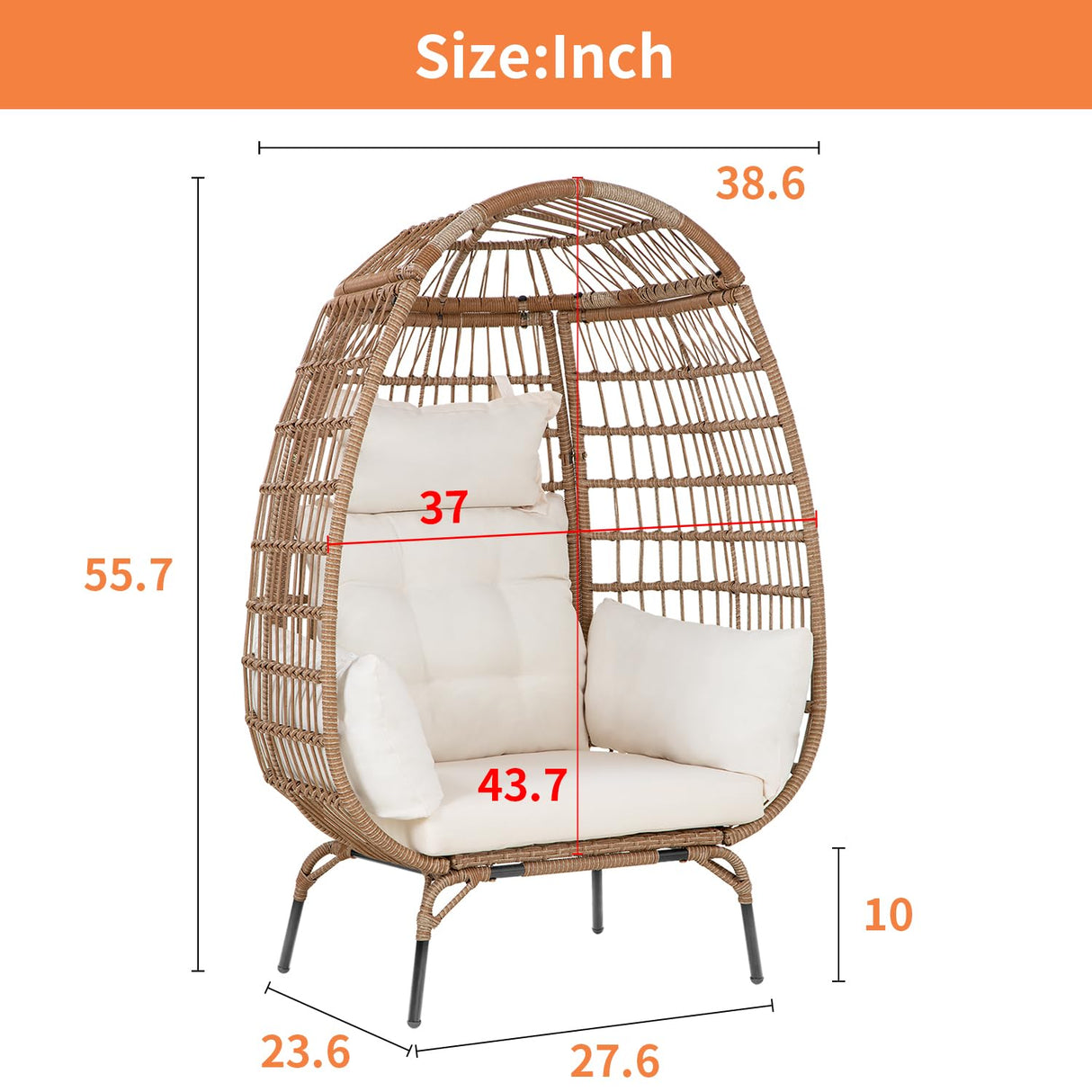 Egg Chair Egg Basket Lounge Chair Rattan Chair Steel Frame Oversized Indoor Outdoor Lounger Simple Installation with 4 Comfort Cushion and Stand,352lb Capacity for Patio Garden Living Room,White PayLessHere