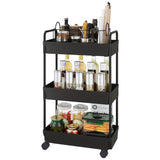 Buzowruil Rolling Storage Cart 3 Tier Organizer Mobile Shelving Unit Storage Rolling Utility Cart with Wheels for Kitchen Bathroom Laundry,Black Buzowruil