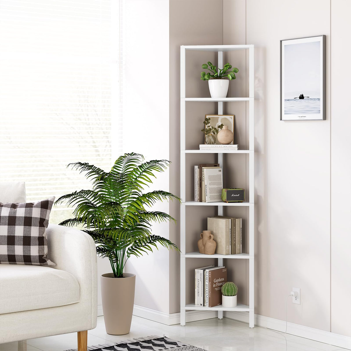 TUTOTAK 6-Tier Corner Bookshelf with LED Light,Corner Shelf for Small Space, Narrow Display Corner Shelf Stand with Storage Rack, for Living Room, Bedroom, Pure White V1BS05BW006L TUTOTAK