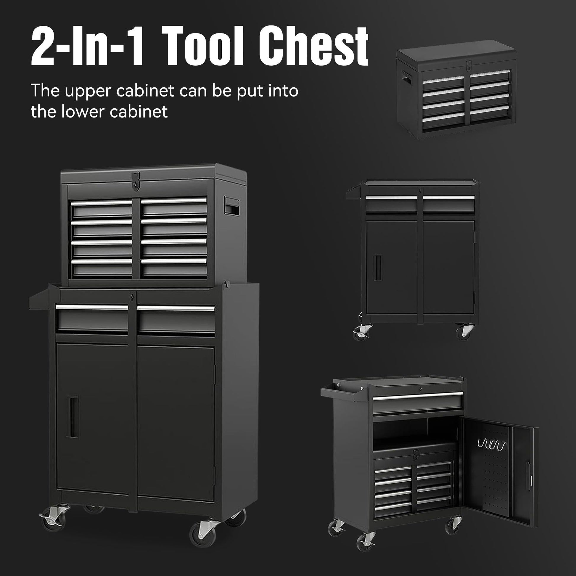 Tool Chest, 5-Drawer Rolling Tool Storage Cabinet with Detachable Top Tool Box, Liner, Universal Lockable Wheels, Adjustable Shelf, Locking Mechanism, Metal Tool Cart for Garage Workshop (Bla - WoodArtSupply