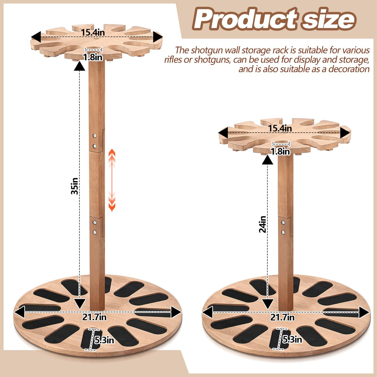RattanView Wooden Gun Rack Holds 12 Guns Display Storage Holder Indoor Vertical Gun Stand with Soft Padding 2 Adjustable Heights for Living Room Collection Room Warehouse RattanView