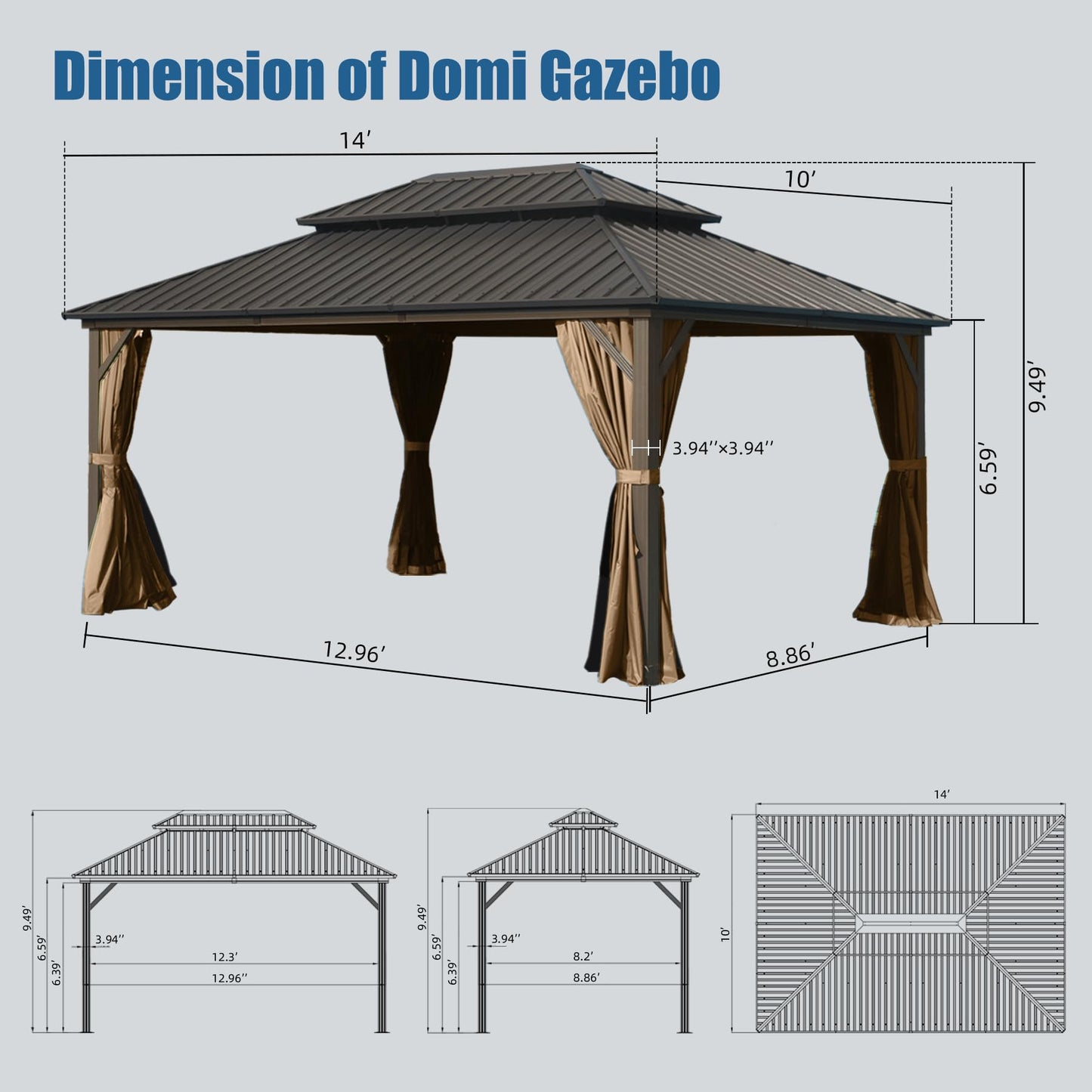 Domi 10' X 14' Hardtop Gazebo, Aluminum Metal Gazebo with Galvanized Steel Double Roof Canopy, Curtain and Netting, Permanent Gazebo Pavilion for Party, Wedding, Outdoor Dining, Brown - WoodArtSupply