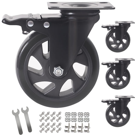 5 Inch Swivel Caster Wheels Set of 4, Heavy Duty Casters with Brake, Polyurethane Locking Casters for Cart, Workbench and Trolley-Load 2200lbs, Black(Two Hardware Kits) Wieyunn