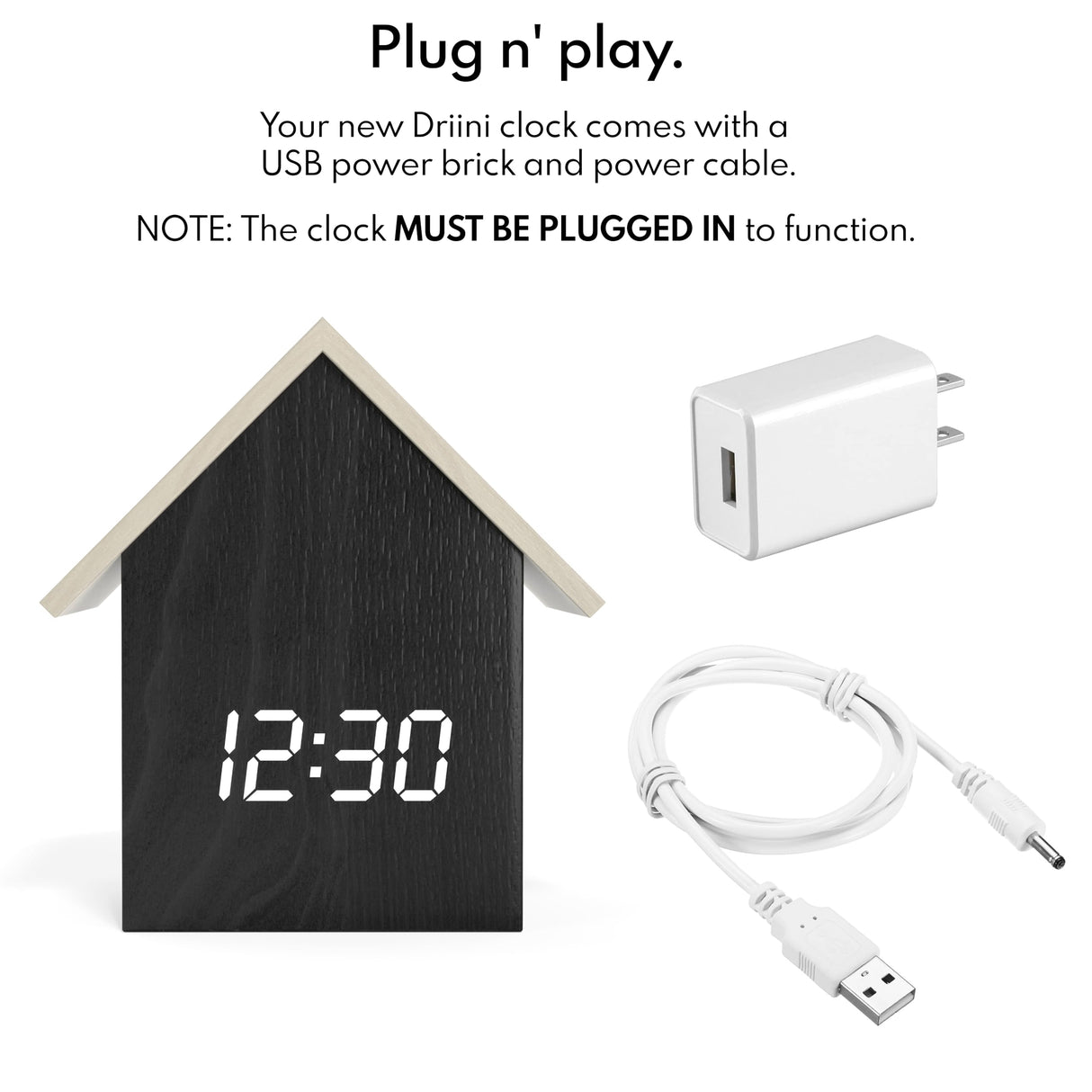 Driini Digital House Shaped Alarm Clock with Temperature Display (Dark Wood) – Modern Aesthetic with Cute Cube Frame and White LED Dimmer - Perfect Small Desk Clock for Bedside Table or Bedroom Mantle Driini