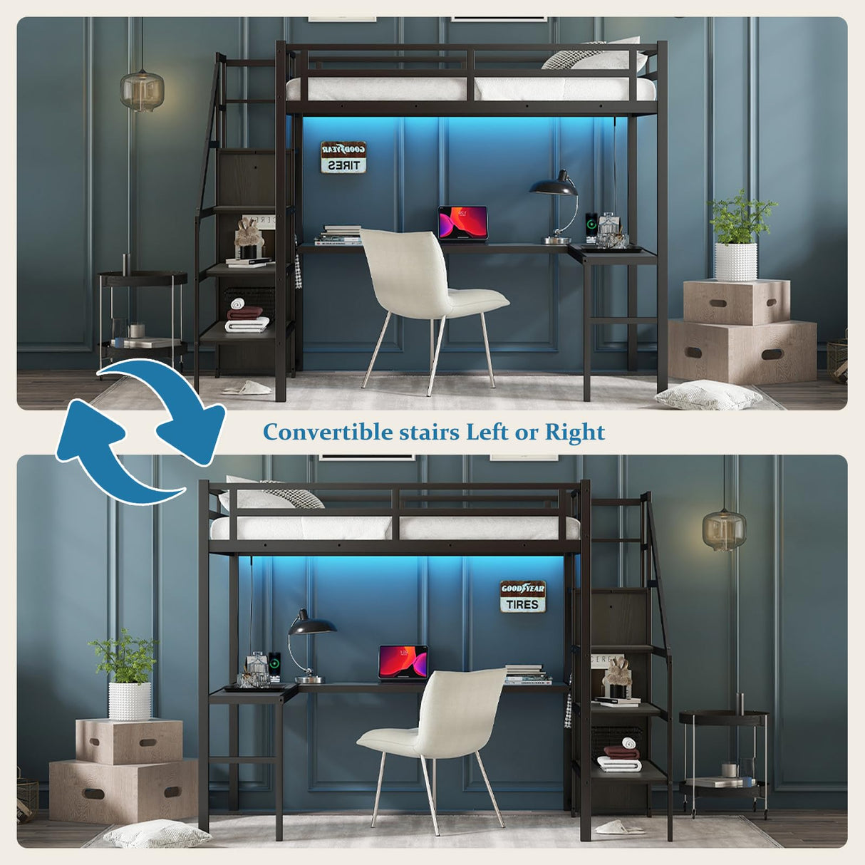 MAKIAAP Full Size Loft Bed with Desk and Wardrobe, Metal Heavy Duty Loft Bed Frames with Storage Stairs, LED Lights, Charging Station for Adults, Junior, Teens, Space Saving, Black (Full) MAKIAAP