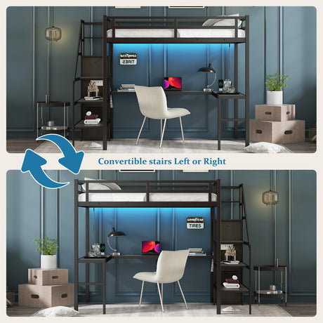 MAKIAAP Full Size Loft Bed with Desk and Wardrobe, Metal Heavy Duty Loft Bed Frames with Storage Stairs, LED Lights, Charging Station for Adults, Junior, Teens, Space Saving, Black (Full) MAKIAAP