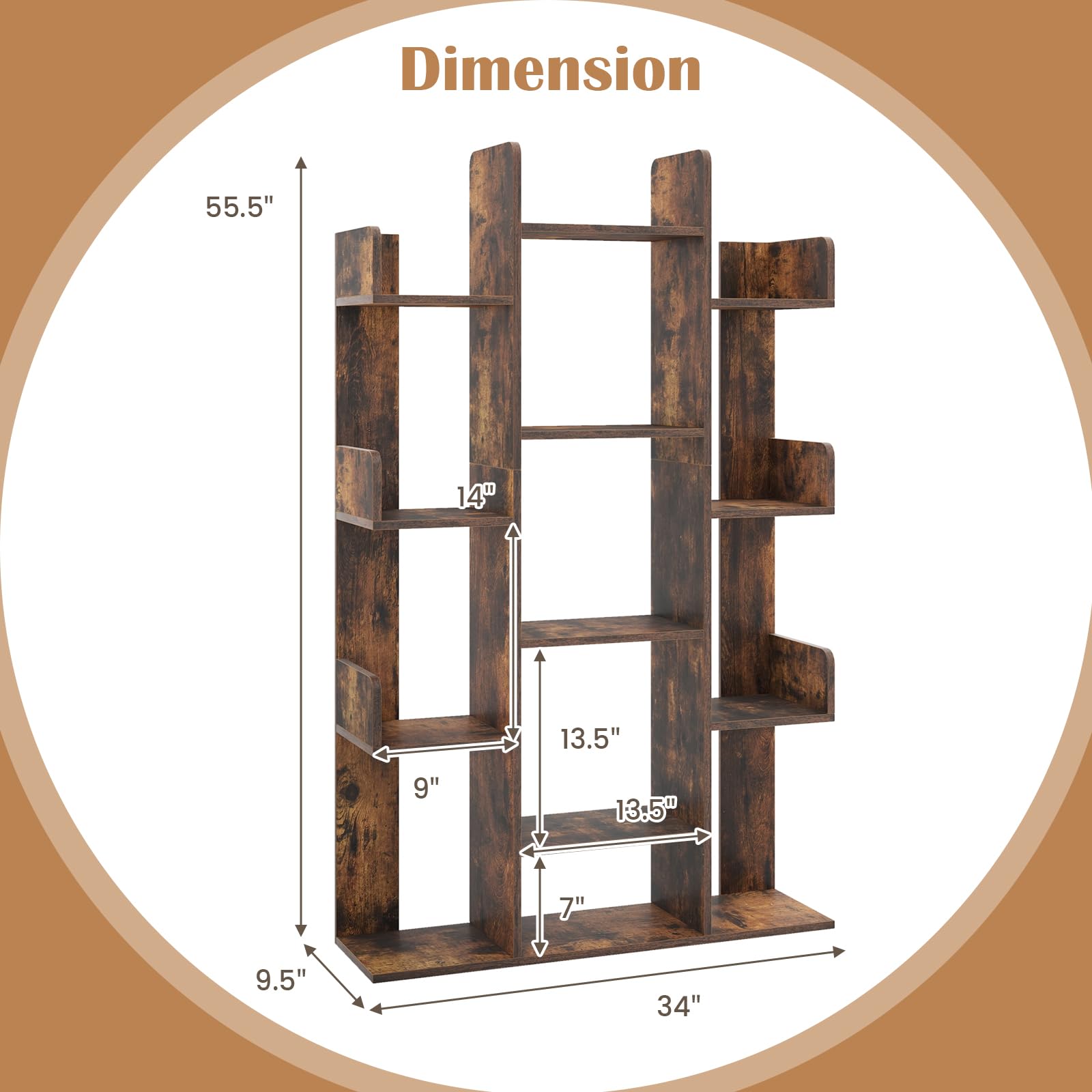 Giantex Rustic Brown 7-Cube Tree Bookshelf with 13 Open Shelves - Stylish Corner Storage Organizer for Living Room and Study - WoodArtSupply