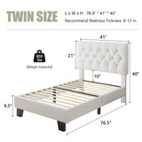 Feonase Velvet Twin Platform Bed Frame with Button Tufted Headboard, Upholstered Bed with Wooden Slats Support, No Box Spring Needed, Easy Assembly, Noise-Free, White Feonase