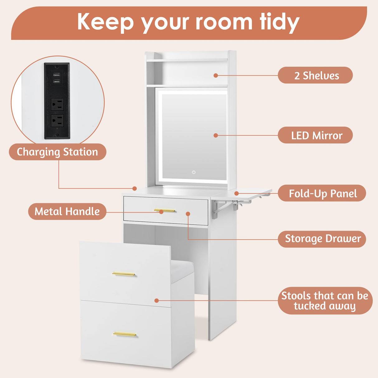 LUMISOL Small Makeup Vanity with Mirror and Light, Makeup Vanity Desk with Charging Station & Fold-up Shelf for Small Space, 3 in 1 Compact Makeup Vanity Set with Hidden Stool, Dressing Table, White LUMISOL