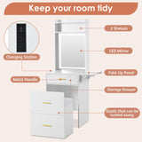 LUMISOL Small Makeup Vanity with Mirror and Light, Makeup Vanity Desk with Charging Station & Fold-up Shelf for Small Space, 3 in 1 Compact Makeup Vanity Set with Hidden Stool, Dressing Table, White LUMISOL