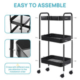 Vtopmart 3 Tier Metal Rolling Cart with Wheels, Utility Storage Cart with Handle and Lockable Casters, Storage Basket Organizer Shelves, Easy Assemble for Kitchen, Living Room, Office, Nursery, Black Vtopmart