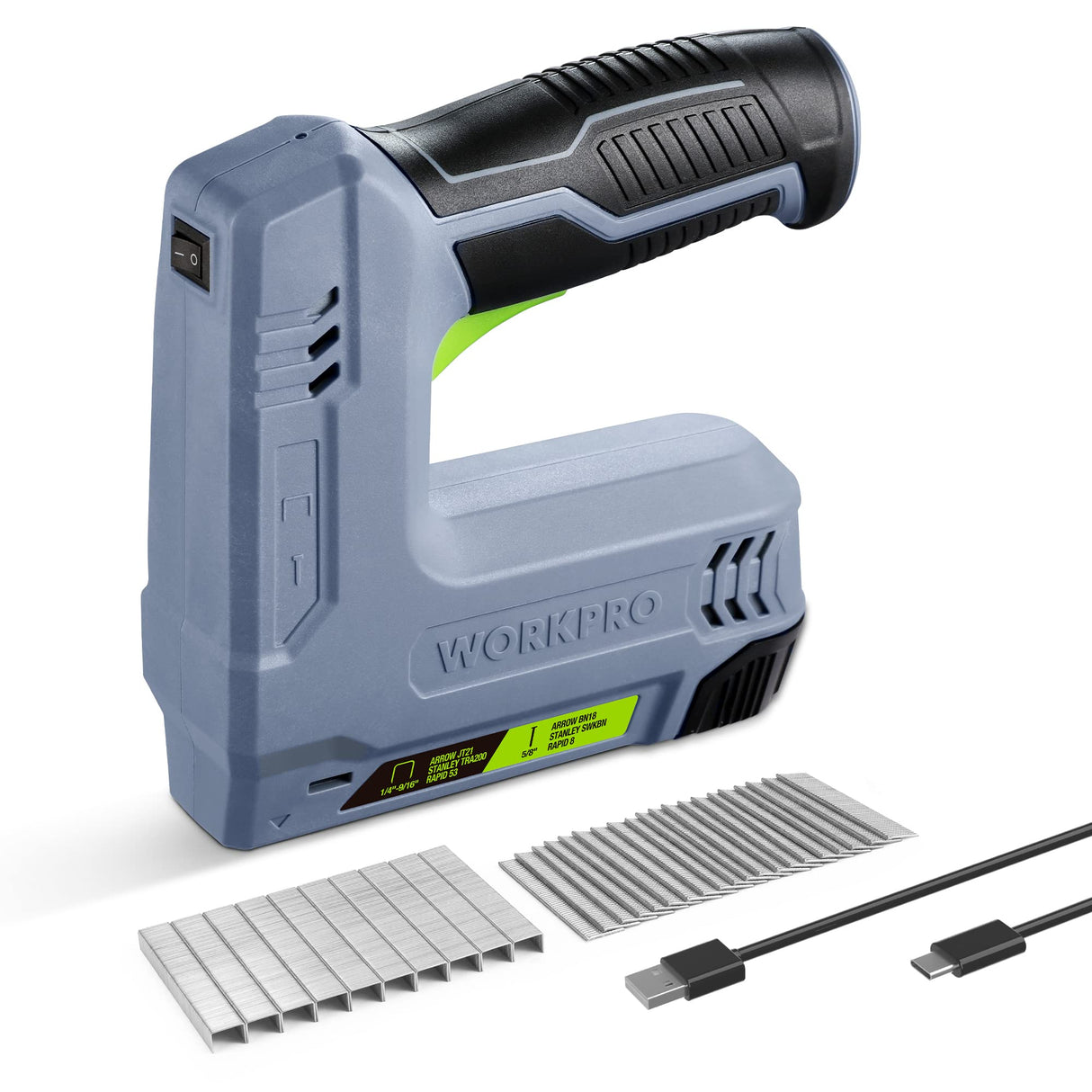 WORKPRO 3.6V Power Electric Cordless 2-in-1 Staple and Nail Gun, 2.0Ah Battery Powered Stapler for Upholstery, Crafts, DIY, Including USB Charger Cable, 2000PCS of Staples and Nails, Grey WORKPRO