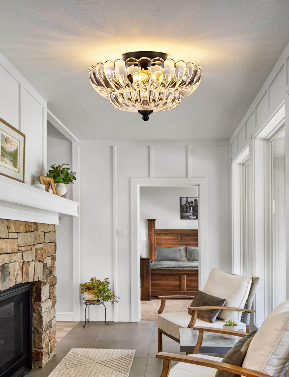 Semi Flush Mount Ceiling Light, Crystal Glass Ceiling Light Fixture, 3-Bulb Modern Black Close to Ceiling Light, Vintage Glass Ceiling Lights for Bedroom Kitchen Living Room, Bulb Not Included SIJINCHEN