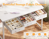 AODK 48" Vanity Desk no Mirror with 3 Fabric Drawers, Small Makeup Vanity Desk for Bedroom with Power Outlet, White Vanity Table with Versatile Hook, Girls Vanity Makeup Table, White AODK