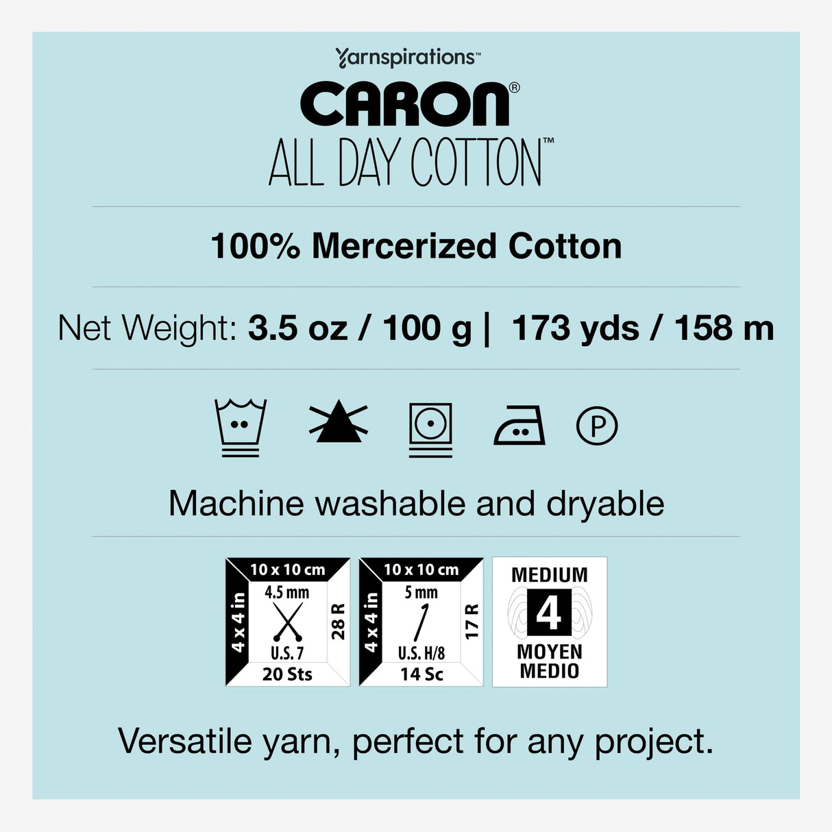 Caron All Day Cotton - 3 Pack of 173 Yards/3.52 oz Eyes Blue 100% Mercerized Cotton Yarn Caron