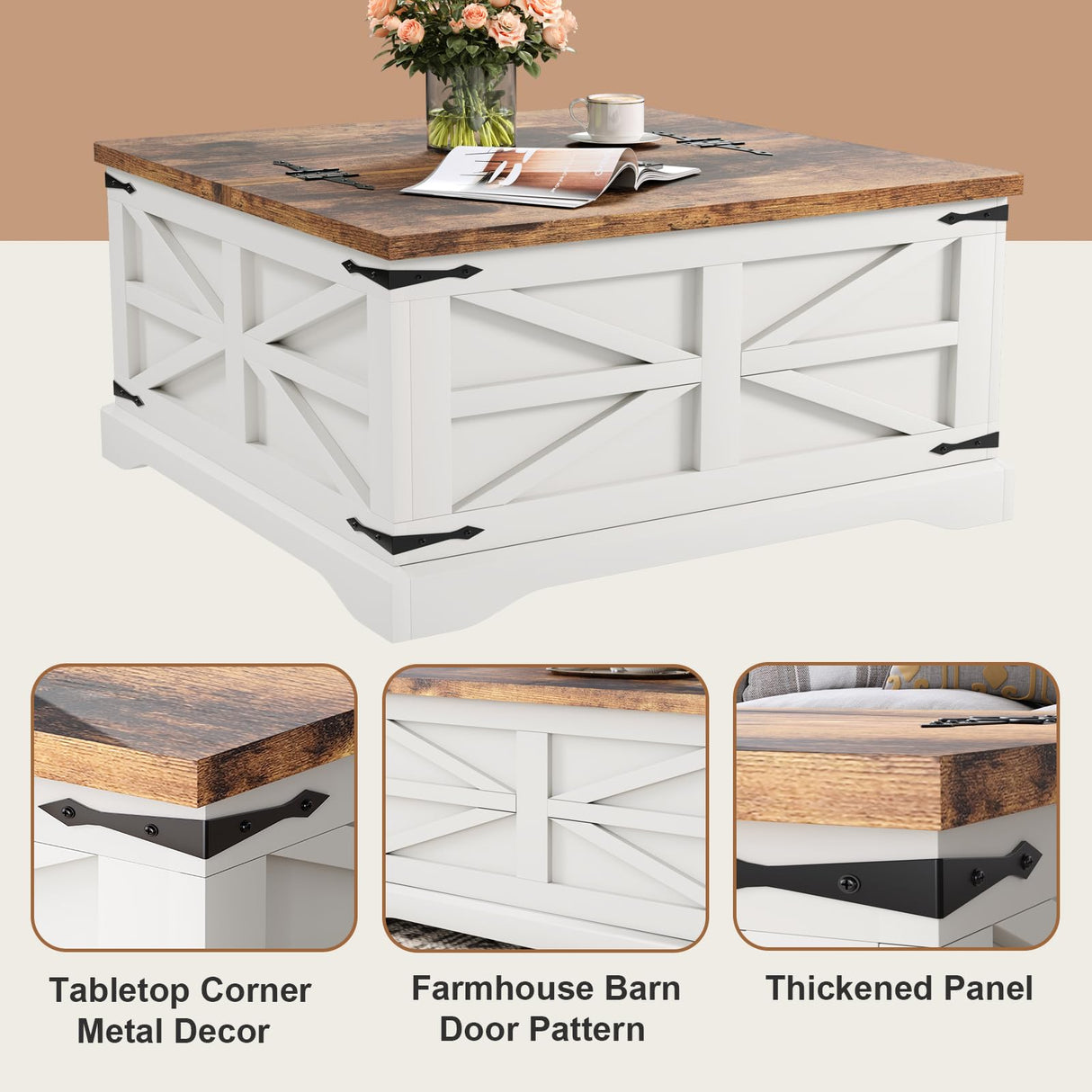 MXV Farmhouse Coffee Table with Storage, Square Coffee Tables for Living Room, Rustic Wood Center Table with Hinged Lifting Tabletop for Home, White MXV