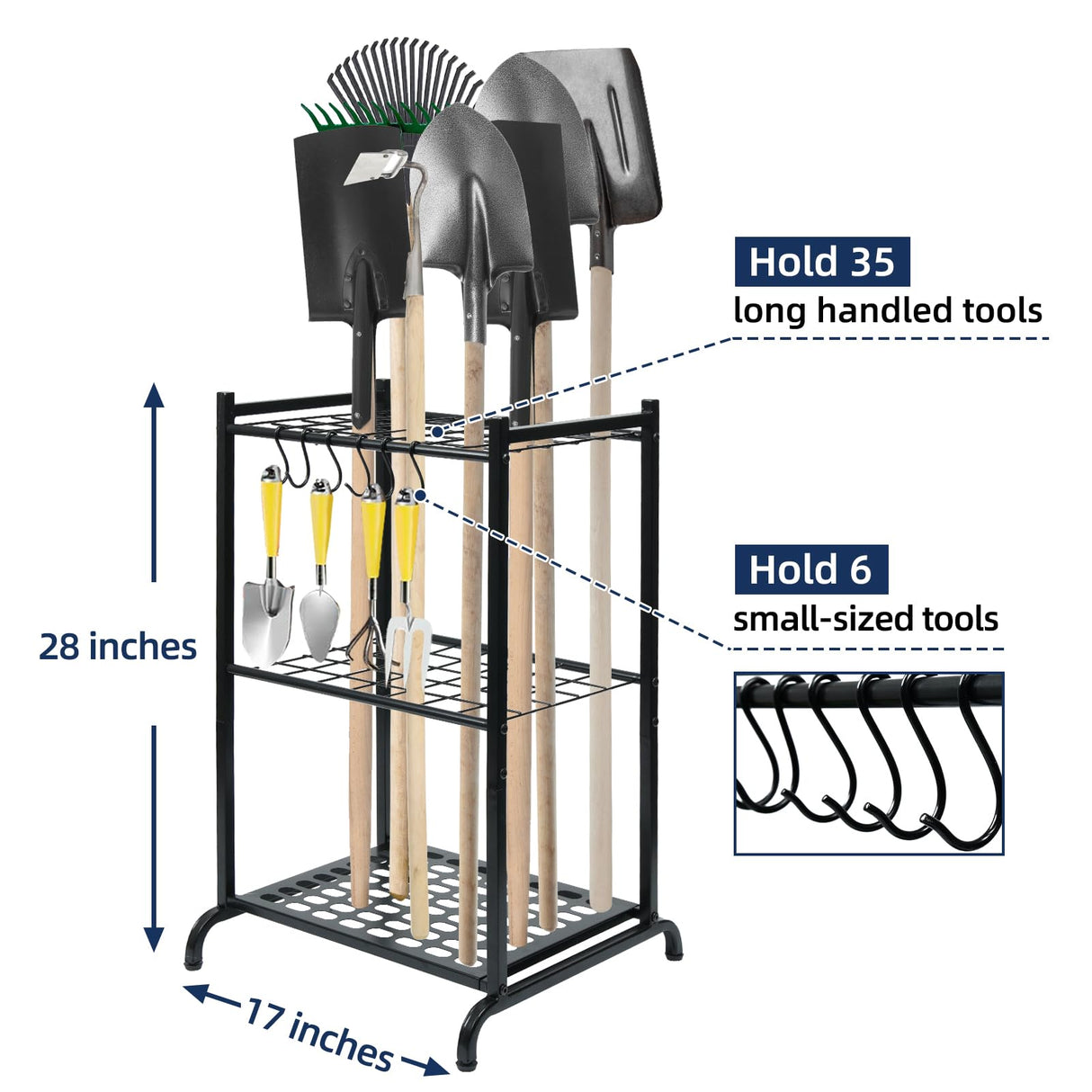 storenization Garden Tool Organizer and Storage, Yard Tool Organizer for Garage Up to 41 Tools, 3-tire Yard Tool Holder Holding Long Handled Tools for Shed Garden Outdoor storenization