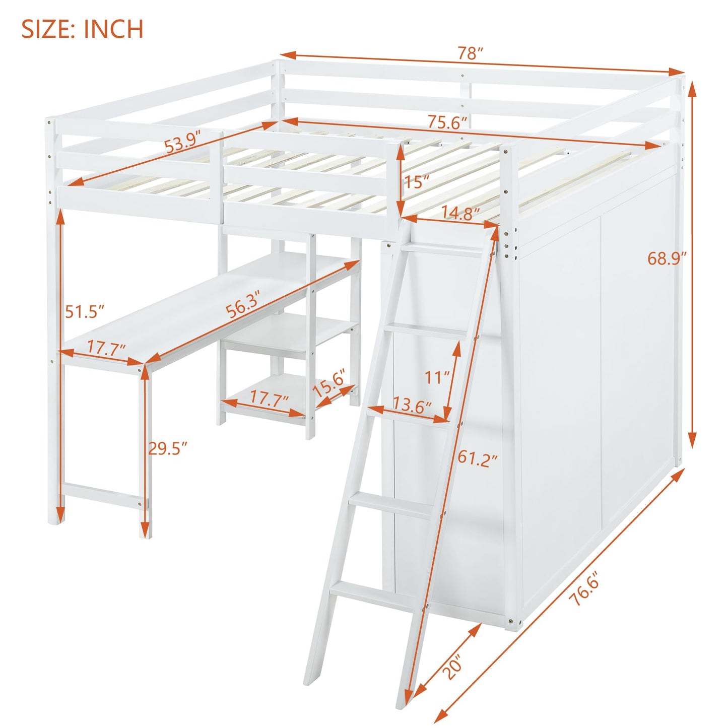 LostCat Full Size Loft Bed with Integrated Wardrobe and Desk in White - WoodArtSupply