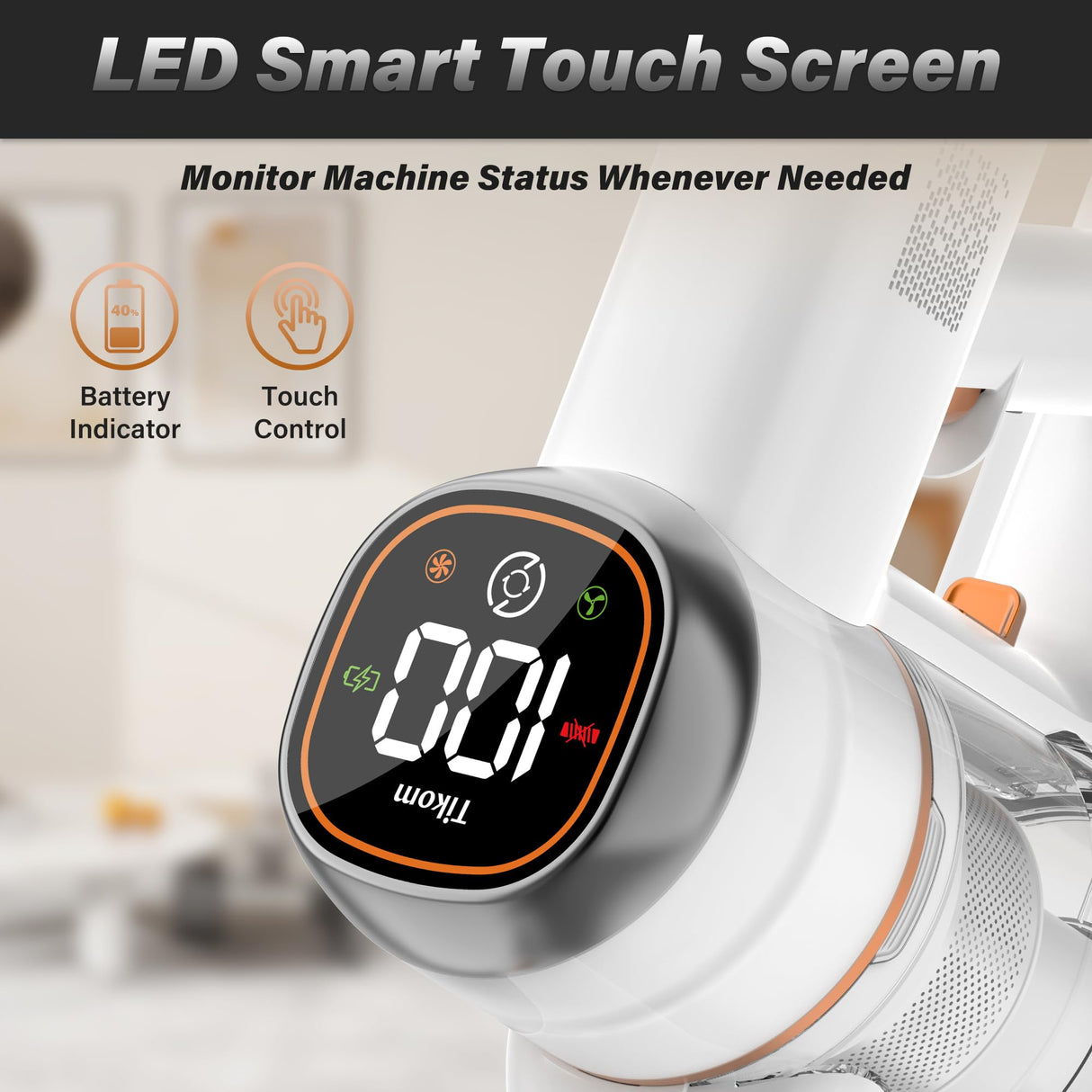Tikom V500 Cordless Vacuum Cleaner for Home, 40000Pa/450W Stick Vacuum with LED Touch Screen, Charging Wall Dock, Anti-Tangle, Lightweight Handheld Vacuum for Pet Hair, Hard Floor, Carpet Tikom