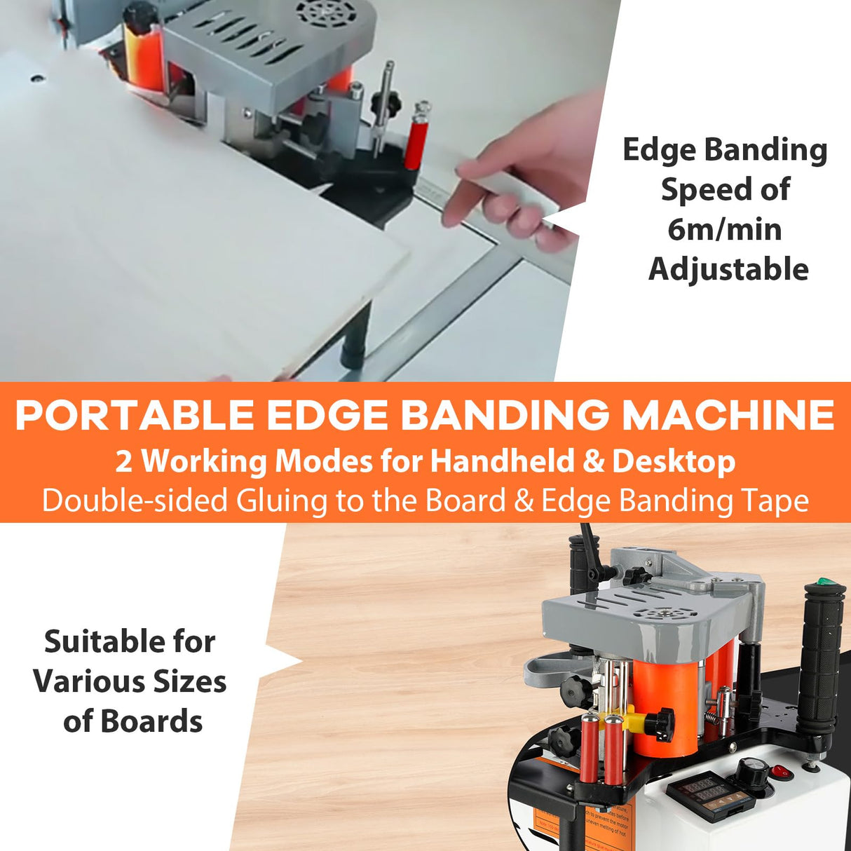 SOKO Portable Edge Banding Machine, Woodworking Edge Bander Machine Straight Curve Double Side Coating Glue, Edge Banding Speed 5-10m/min Adjustable SOKO