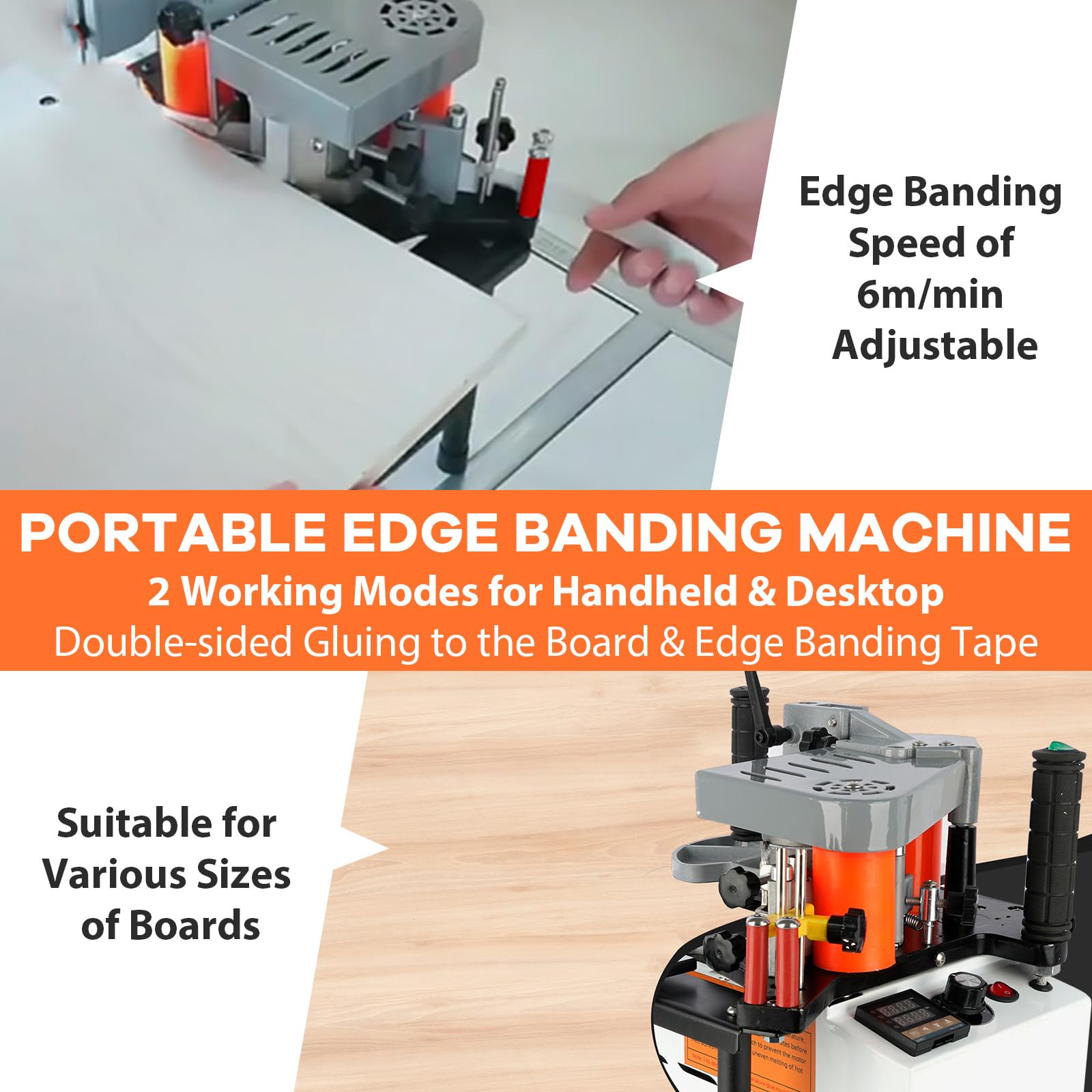 SOKO Portable Edge Banding Machine, Woodworking Edge Bander Machine Straight Curve Double Side Coating Glue, Edge Banding Speed 5-10m/min Adjustable - WoodArtSupply