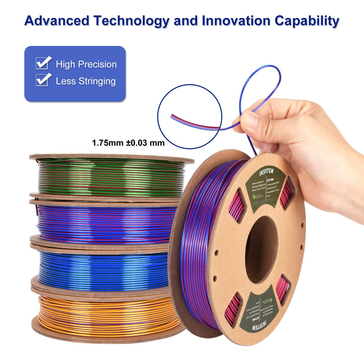 IKSYTEM 3D Printer Filament Bundle, Dual Color Filament, Silk PLA Filament 1.75mm Bundle, Silk Gold Purple, Silk Red Green, Silk Blue Green, Silk Red Blue, 3D Printing Filament, 250gX 4 PLA Spools IKSYTEM