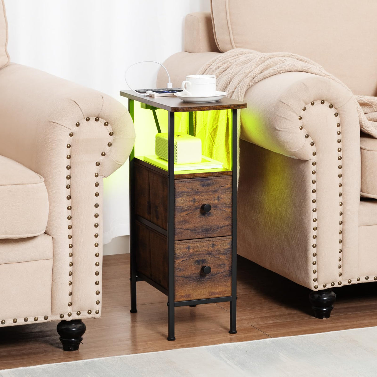 LOAKEKEL Narrow End Table Living Room with Charging Station, Skinny Side Table with Fabric Drawers, Slim LED Nightstand for Bedroom, Small Spaces, Couch, Rustic Brown, HETNDP02LPBR-1 LOAKEKEL