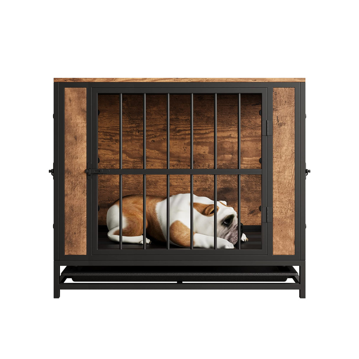 FOUBAM Dog Crate Furniture, Metal and Wooden Dog Crate, Dog Kennels with 3 Doors Indoor, Pet Puppy Crate End Table for Small Dog, Heavy Duty Dog House, Rustic Black and Brown FOUBAM