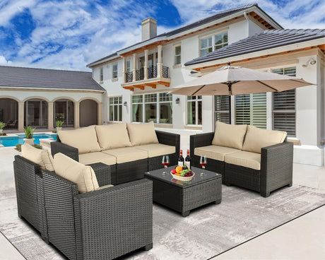 Furnimy Outdoor Furniture Patio Furniture Sets Conversation Sets Balcony Furniture Outdoor Sectional Outdoor Couch with Table for Backyard Lawn Garden Porch Poolside (Brown-Beige, Set of 8) Furnimy