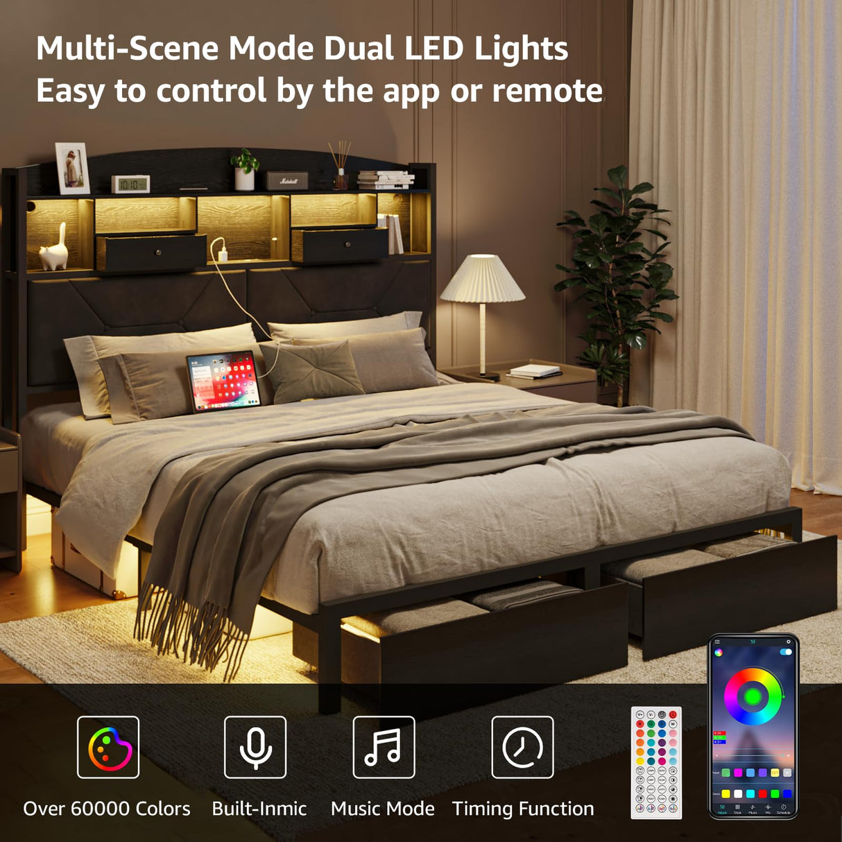 DOGIBIXO Queen Size Black Bed Frame with 4 Storage, Upholstered Velvet Platform Bed Frames with Button Tufted Headboard Led Lights, Wooden Slats Support, No Box Spring Needed, Black DOGIBIXO