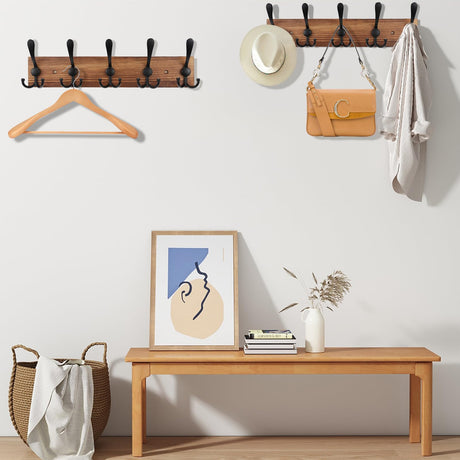 Kuhome Coat Rack Wall Mount Wooden Hat Rack for Wall Hooks Pine Real Wood Plank 16.9" Brown Coat Hanger with 5 Triple Hooks for Hanging Coat Hat Jacket Kuhome
