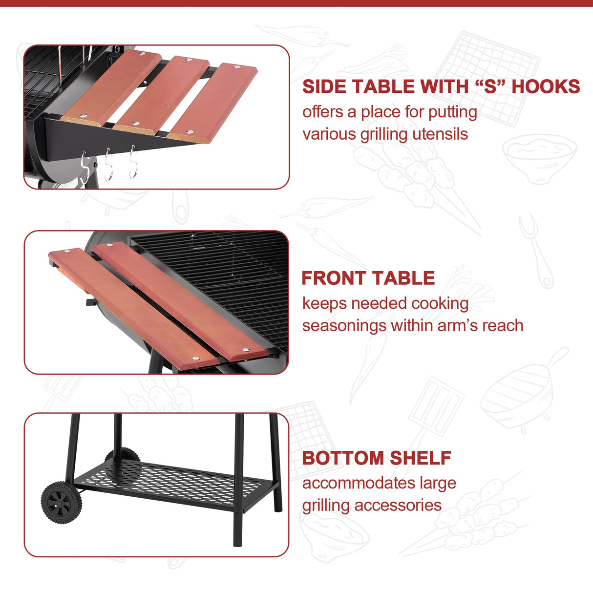 Royal Gourmet CC1830W 30-Inch Charcoal Grill with Offset Smoker and Wood-Painted Side Table, Outdoor Smoker Grill with 811 Sq. In. Cooking Area for Outdoor Barbecue Event, Black Royal Gourmet