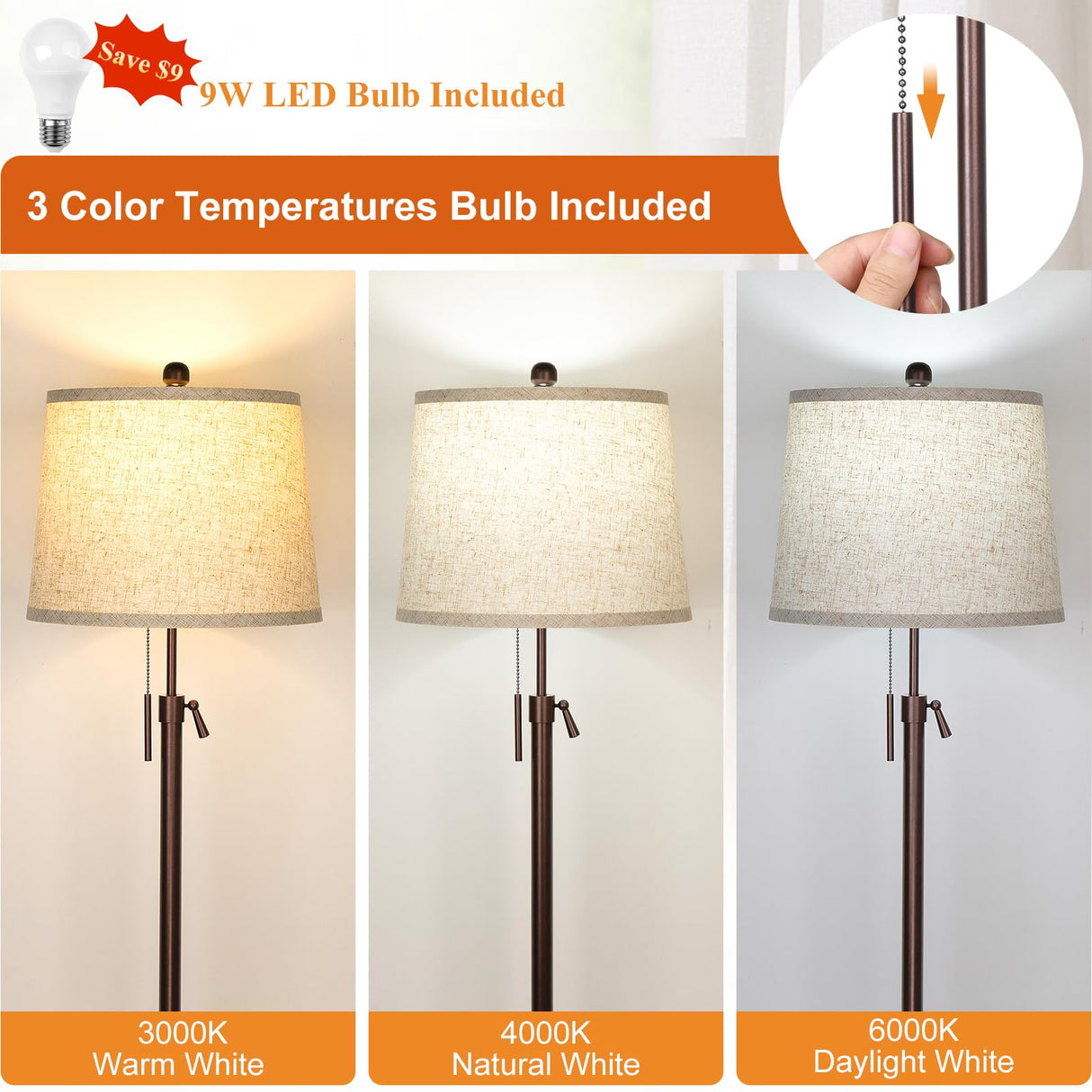 JUNNAI Modern Floor Lamp Adjustable Height Standing Lamp Tall Lamp with 3 Color Temperatures Floor Lamps for Living Room Bedroom Office Beige Shade Bulb Included-Brown JUNNAI