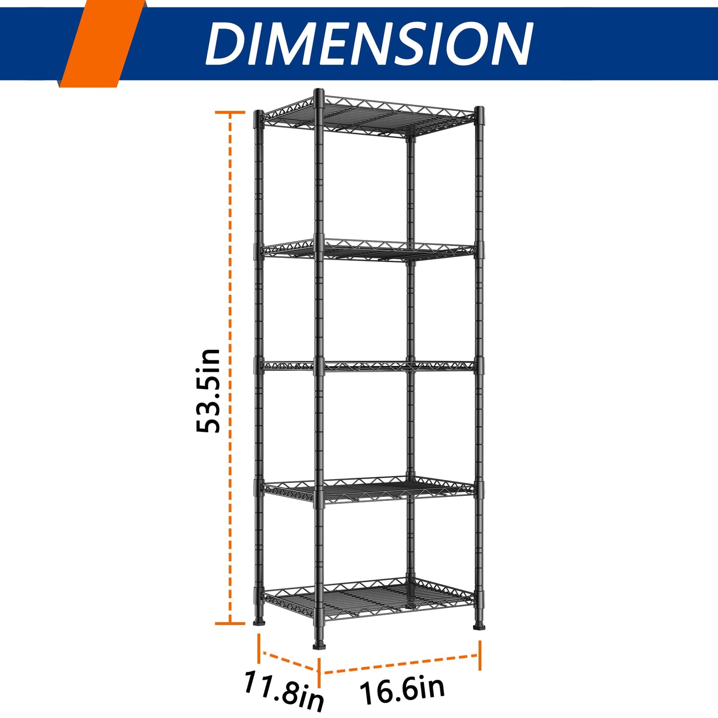 REGILLER 5-Wire Shelving Metal Storage Rack Adjustable Shelves, Standing Storage Shelf Units for Laundry Bathroom Kitchen Pantry Closet(Black, 16.6L x 11.8W x 53.5H)