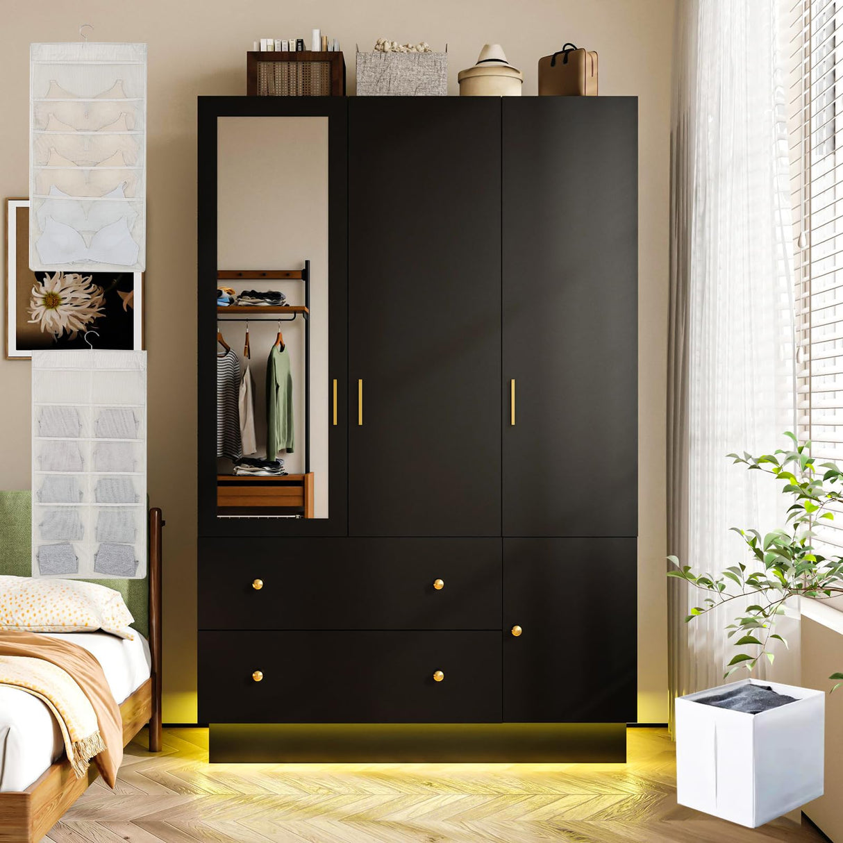 DalyLuxa 3 Doors Armoire Wardrobe Closet with Mirror & Organizers, LED Wooden Bedroom Armoires with Hanging Rod for Bedroom, Black DalyLuxa