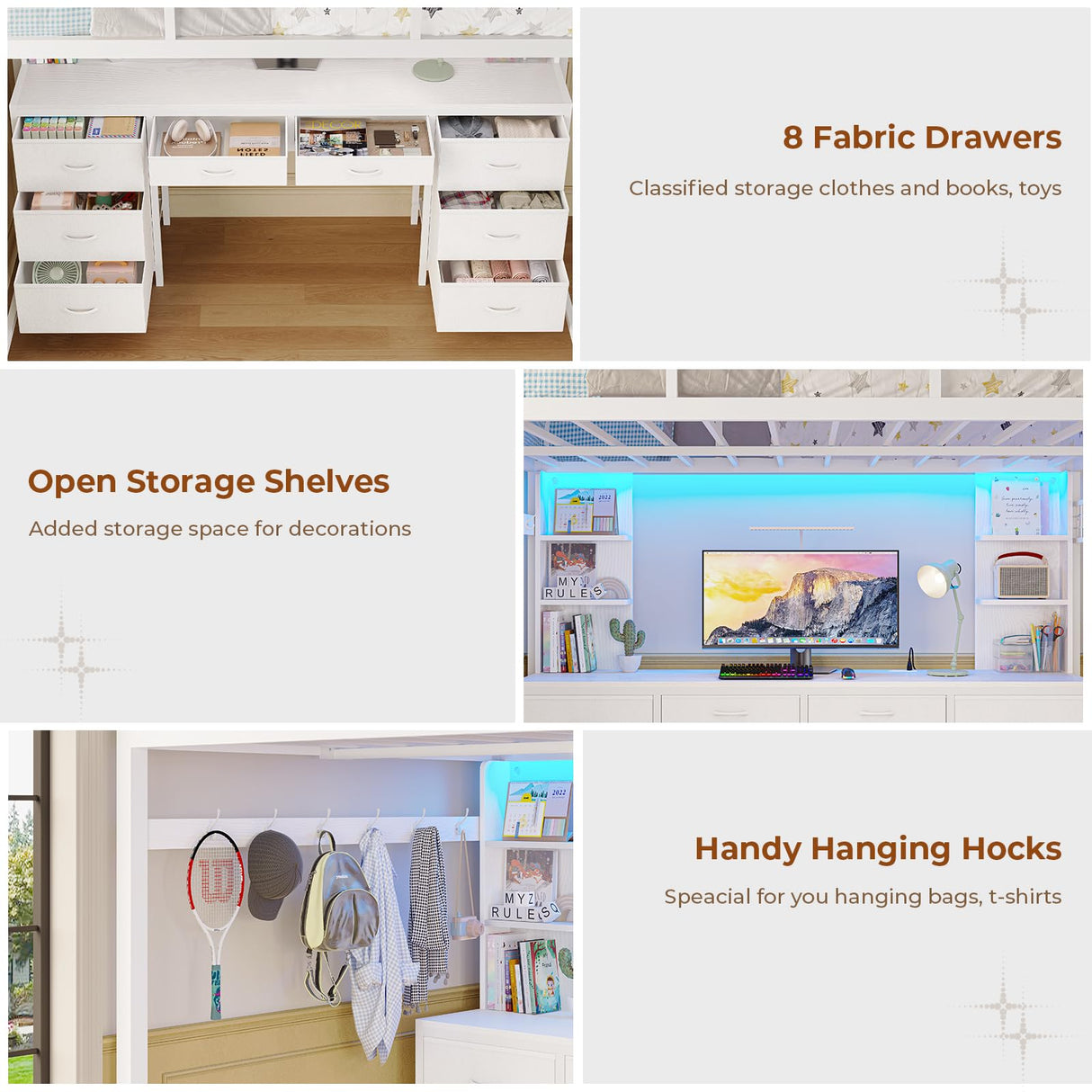 BTHFST Loft Bed with Desk, Full Metal Loft Bed with 8 Drawers Storage & Charging Station & LED Lights, 4 Open Storage Shelves, Noise-Free, Space-Saving, No Box Spring Needed BTHFST