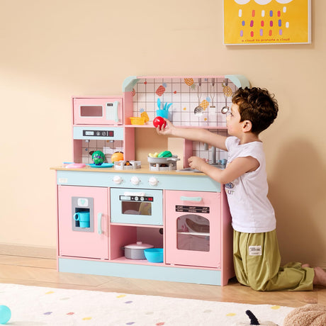 VEVOR Wooden Play Kitchen Toy, Play Kitchen for Kids with Lights and Sounds, Toddler Kitchen with Ice Maker, Oven, Sink, Microwaves, Fridge and Utensil and Fruit Accessory for Toddlers Ages 3-8, Pink VEVOR