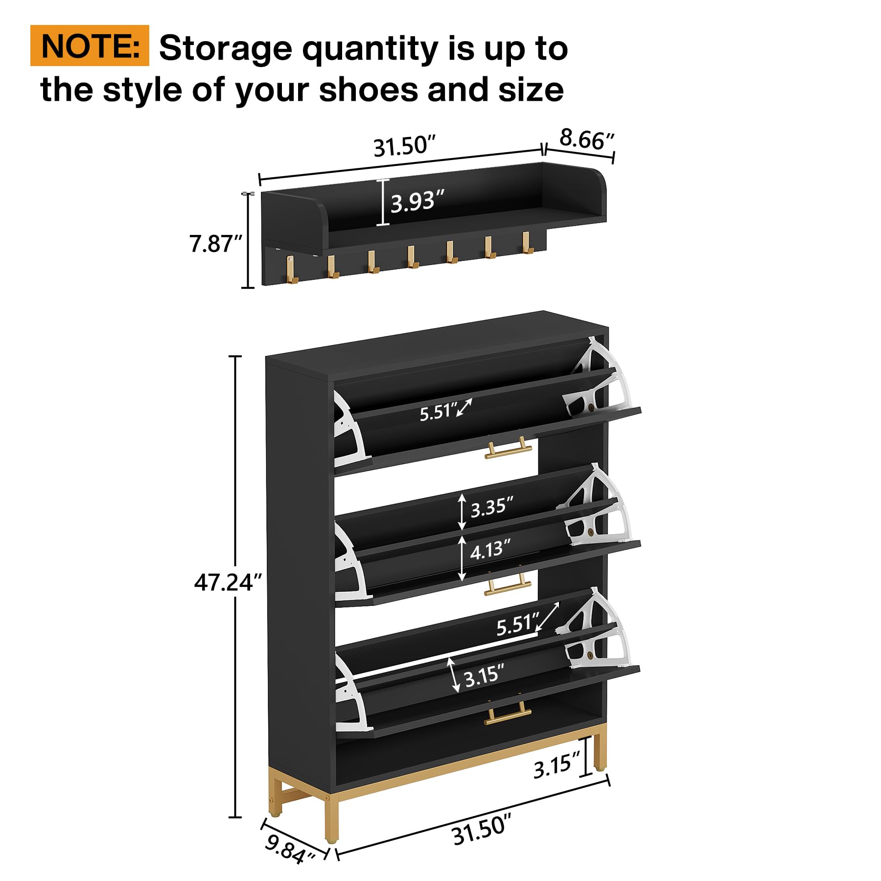 Tribesigns Modern Shoe Storage Cabinet with Wall Mount Coat Rack, Entryway Shoe Organizer Cabinet with 3 Flip Drawers, Narrow Shoe Cabinet for Hallway Living Room (Black/Gold) - WoodArtSupply