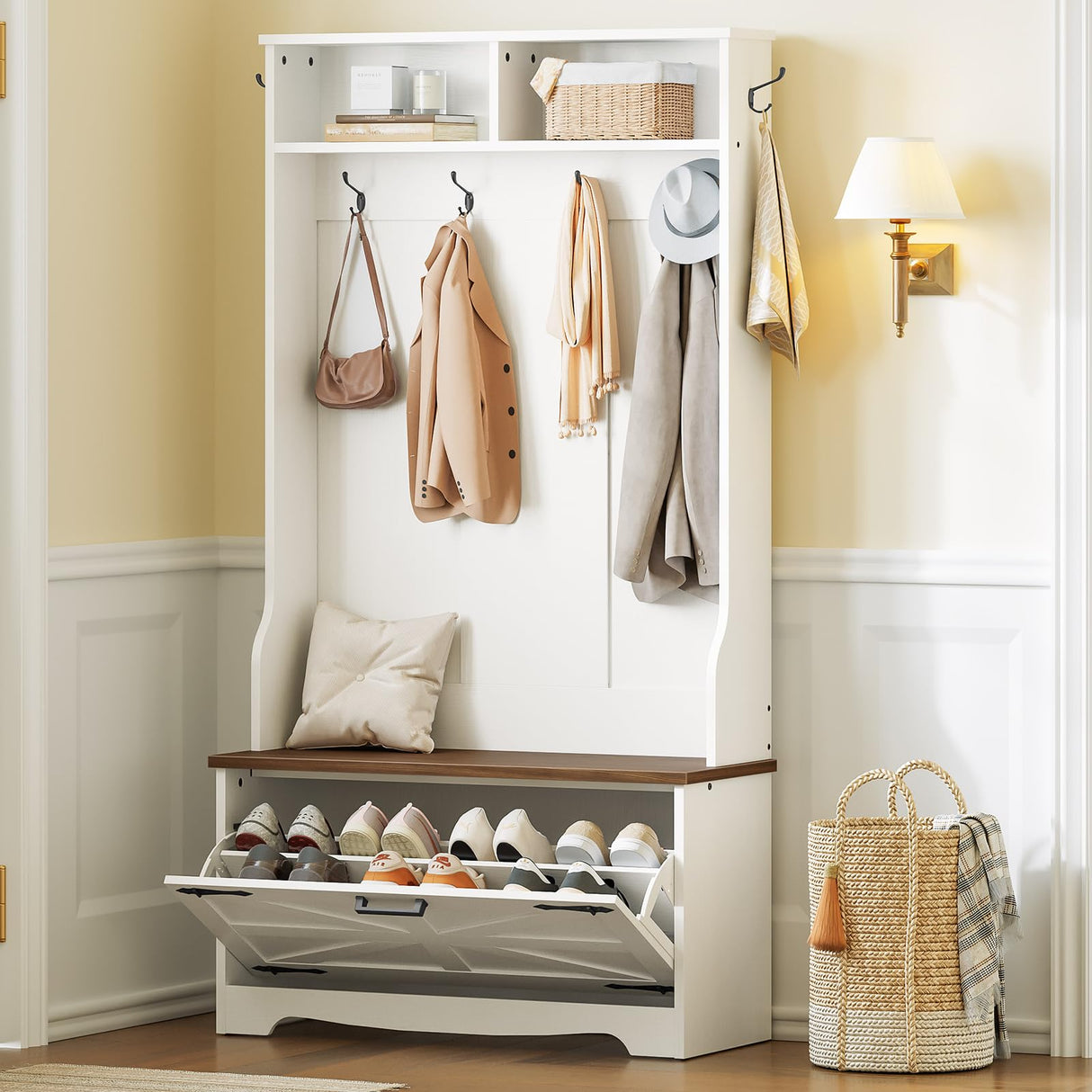 HOOBRO Hall Tree with Bench, Entryway Bench with Coat Rack and Shoe Cabinet, Flip Drawers, Farmhouse Hall Tree with Shoe Organizer, Mud Room, White and Walnut WH85MT01 HOOBRO