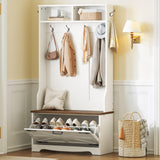 HOOBRO Hall Tree with Bench, Entryway Bench with Coat Rack and Shoe Cabinet, Flip Drawers, Farmhouse Hall Tree with Shoe Organizer, Mud Room, White and Walnut WH85MT01 HOOBRO