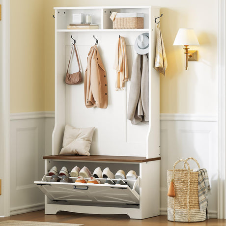 HOOBRO Hall Tree with Bench, Entryway Bench with Coat Rack and Shoe Cabinet, Flip Drawers, Farmhouse Hall Tree with Shoe Organizer, Mud Room, White and Walnut WH85MT01 HOOBRO